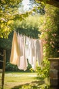 Laundry, housekeeping and homemaking, fresh clean clothes and linen drying outdoors in the garden, country cottage style, Royalty Free Stock Photo