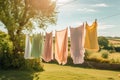 Laundry, housekeeping and homemaking, fresh clean clothes and linen drying outdoors in the garden, country cottage style, Royalty Free Stock Photo