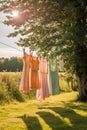 Laundry, housekeeping and homemaking, fresh clean clothes and linen drying outdoors in the garden, country cottage style, Royalty Free Stock Photo