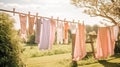 Laundry, housekeeping and homemaking, fresh clean clothes and linen drying outdoors in the garden, country cottage style, Royalty Free Stock Photo