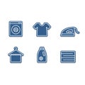 Laundry icon set with iron, tshirt, detergent, clothes stack, hanger and wash machine cutout sticker icon style Royalty Free Stock Photo