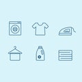 Laundry icon set with iron, tshirt, detergent, clothes stack, hanger and wash machine outline icon style