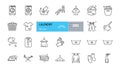 Laundry icon. Vector set of 25 icons with editable stroke. The collection includes a washing machine, gloves, clothes pegs, clean