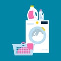 Laundry illustration - washing machine, basket with linen and detergent bottles.