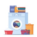 Laundry, elements of washing process. Washing clothes. Dirty linen, washing machine, pile of clean clothes, detergent.