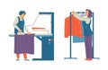 Laundry ironing and drying of washed linen, flat vector illustration isolated.