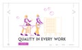Laundry, Laundrette Landing Page Template. Female Characters Employees of Cleaning Service Working Process Ironing