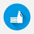 Laundry liquid vector icon. Detergent and a stack of laundry icon on blue background. Flat image with long shadow