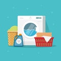 Laundry machine with washing clothing and linen vector illustration, flat carton style washer with baskets of clothes