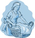 Laundry Maid Basket Vintage Etching