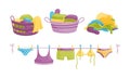 Laundry Resting in Basin and Clothing Items on Hanging Rope Vector Illustration