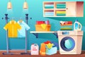 Laundry room with clean or dirty clothes, vector
