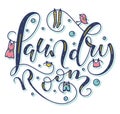 Laundry room colored lettering. Hand drawn text and doodle clothes and foam. Vector illustration isolated on white Royalty Free Stock Photo