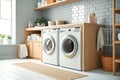 Laundry room in a house. Close up low angle shot of a washing machine and a dryer, interior. Housekeeping