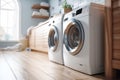 Laundry room in a house. Close up low angle shot of a washing machine and a dryer, interior. Housekeeping