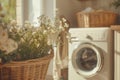 Laundry room interior. Washing machine and wicker basket. Generative AI Royalty Free Stock Photo