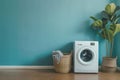 Laundry room interior. Washing machine and wicker basket. Generative AI Royalty Free Stock Photo