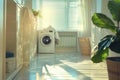 Laundry room interior. Washing machine and wicker basket. Generative AI Royalty Free Stock Photo