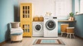 Laundry room with loaded washing machine, detergent bottles and textile. Generative AI