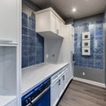 15 A laundry room with a mix of white and blue finishes, a large, graphic tile backsplash, and a mix of open and closed storage5