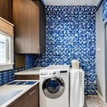 15 A laundry room with a mix of white and blue finishes, a large, graphic tile backsplash, and a mix of open and closed storage2