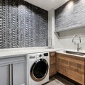 11 A laundry room with a mix of white and gray finishes, a large, graphic tile backsplash, and a mix of open and closed storage5