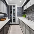 11 A laundry room with a mix of white and gray finishes, a large, graphic tile backsplash, and a mix of open and closed storage3