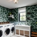 20 A laundry room with a mix of white and green finishes, a large, graphic wallpaper, and a mix of open and closed storage5, Gen