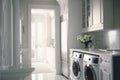 Laundry room with washer and dryer. Wooden cabinets and tile floor. ai generative. Royalty Free Stock Photo