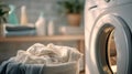 Laundry Room With Washing Machine And Basket Of Clean Clothes. Home Laundry Routine And Cleanliness Royalty Free Stock Photo