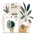 Laundry room with washing machine, basket with dirty clothes, detergents, towels and home plant. Japandi or Scandinavian interior