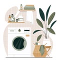Laundry room with washing machine, basket with dirty clothes, detergents, towels and home plant. Japandi or Scandinavian interior