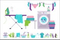 Laundry room, washing machine, basket, iron, ironing board, clothes drying, cleaning supplies vector Illustrations on a