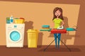 Laundry room with washing machine and housewife. Cartoon vector illustration