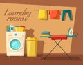 Laundry room with washing machine and housewife. Cartoon vector illustration