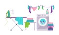 Laundry room with washing machine, ironing board, clothes rack, basket vector Illustration