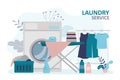 Laundry room with washing machine and ironing board. Hanger with washed and ironed clothes
