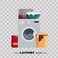 Laundry room with washing machine, powder, basket, basin, underwear on transparent background. Household equipment for