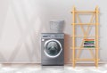 Laundry room. Washing machine, wooden shelves. Royalty Free Stock Photo