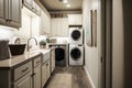 Laundry room with white washing machines and wicker basket. Royalty Free Stock Photo