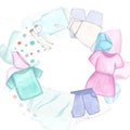 Laundry. Round frame with bed linen and clothes, dress, apron, stockings, T-shirt, shorts, underpants. Watercolor