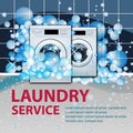 Laundry service banner or poster. Two washing machines front loading in empty laundry room background with soap bubbles. 3d Royalty Free Stock Photo