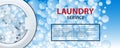 Laundry service banner or poster. Washing machine drum background with soap bubbles. 3d realistic illustration. Front view, close- Royalty Free Stock Photo