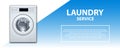 Laundry service banner or poster. Washing machine front loading background. 3d realistic illustration. Laundry detergent Royalty Free Stock Photo