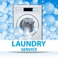 Laundry service banner or poster. Washing machine front loading background with soap bubbles. 3d realistic illustration. Front Royalty Free Stock Photo
