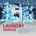 Laundry service banner or poster. Washing machine front loading in empty laundry room background with soap bubbles. 3d realistic Royalty Free Stock Photo
