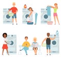 Laundry service characters. Vector washing house mascot design
