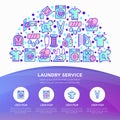 Laundry service concept in half circle with thin line icons: washing machine, spin cycle, drying machine, fabric softener, iron, Royalty Free Stock Photo