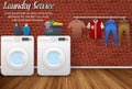 Laundry service design with washing machines and drying clothes on brick wall background