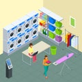 Laundry service and dry cleaning concept. Row of industrial laundry machines in laundromat. Iron, ironing board and Royalty Free Stock Photo